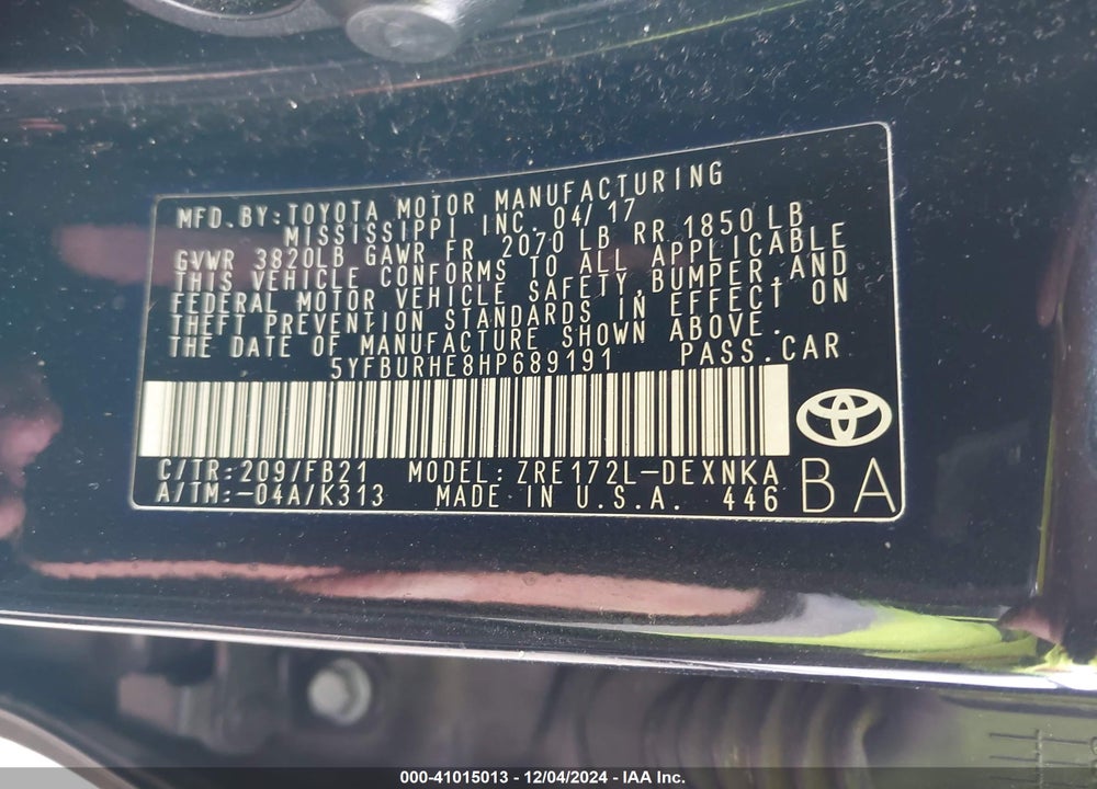 2017 TOYOTA COROLLA LE VIN: 5YFBURHE8HP689191
