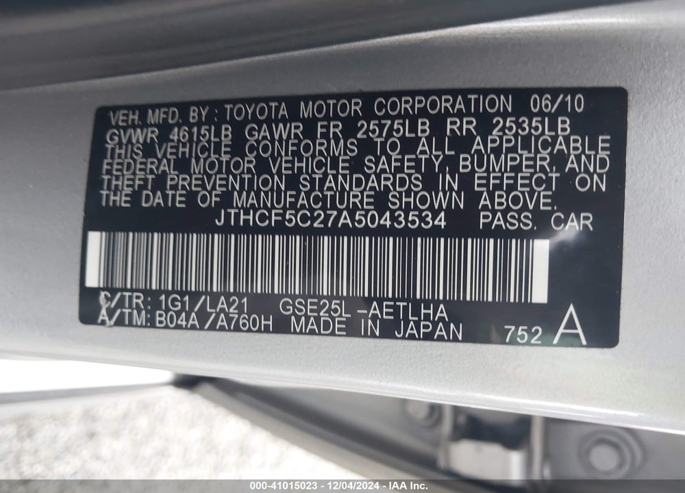 2010 LEXUS IS 250 VIN: JTHCF5C27A5043534