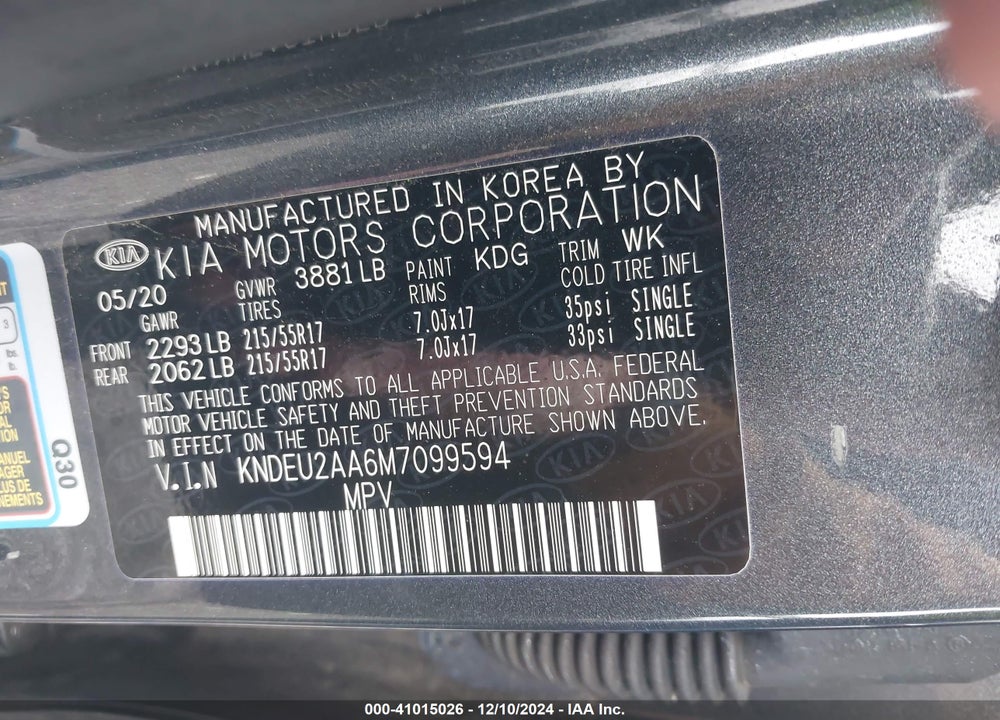 2021 KIA SELTOS S VIN: KNDEU2AA6M7099594
