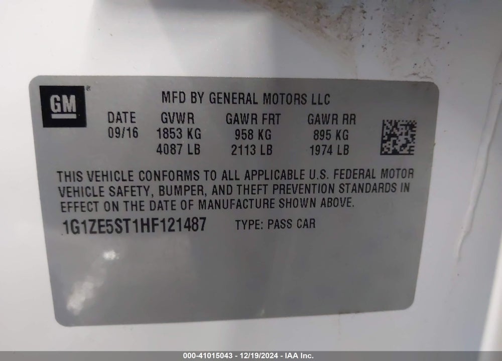 2017 CHEVROLET MALIBU 1LT VIN: 1G1ZE5ST1HF121487