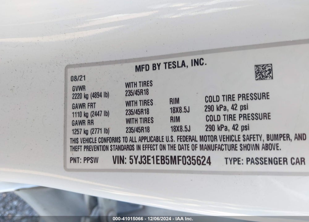 2021 TESLA MODEL 3 VIN: 5YJ3E1EB5MF035624