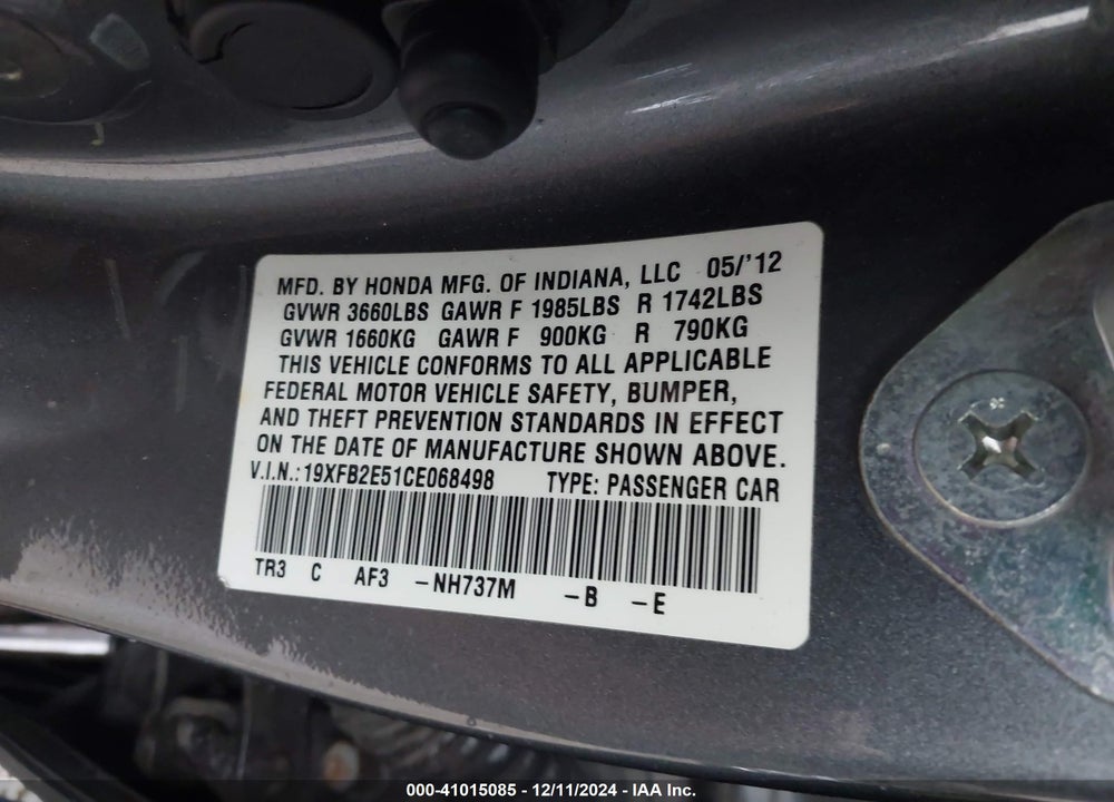 2012 HONDA CIVIC LX VIN: 19XFB2E51CE068498