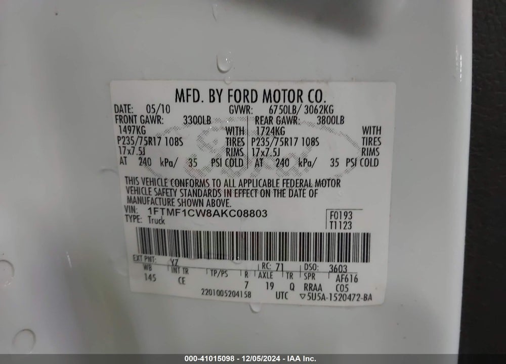 2010 FORD F-150 STX/XL/XLT VIN: 1FTMF1CW8AKC08803