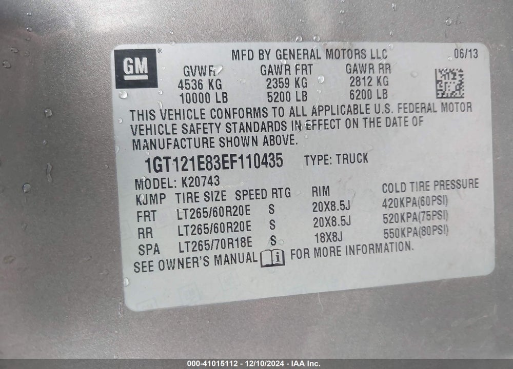 2014 SIERRA GMC  2500HD SLT VIN: 1GT121E83EF110435