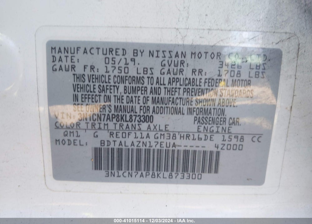2019 NISSAN VERSA 1.6 S+ VIN: 3N1CN7AP8KL873300