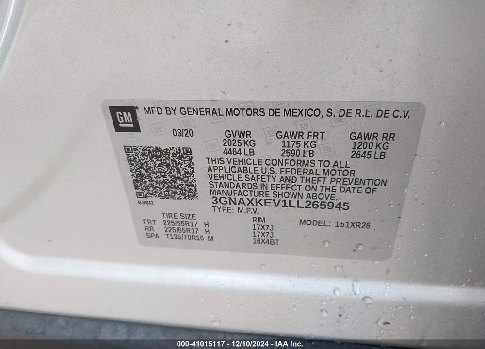 2020 CHEVROLET EQUINOX VIN: 3GNAXKEV1LL265945