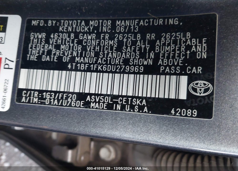 2013 TOYOTA CAMRY SE VIN: 4T1BF1FK6DU279969