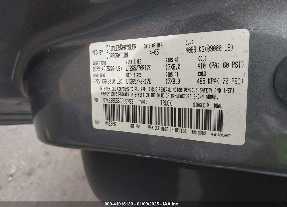 2005 DODGE RAM 2500 SLT/LARAMIE VIN: 3D7KS28C55G839793