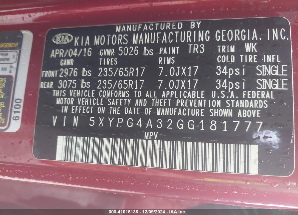 2016 KIA SORENTO 2.4L LX VIN: 5XYPG4A32GG181777