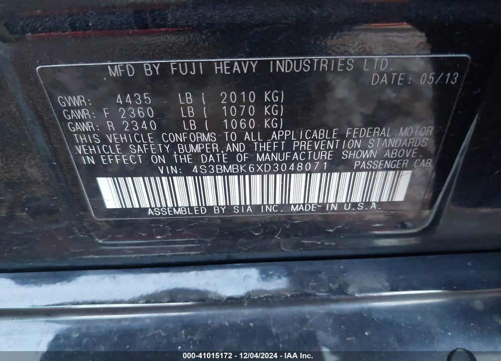 2013 SUBARU LEGACY 2.5I LIMITED VIN: 4S3BMBK6XD3048071