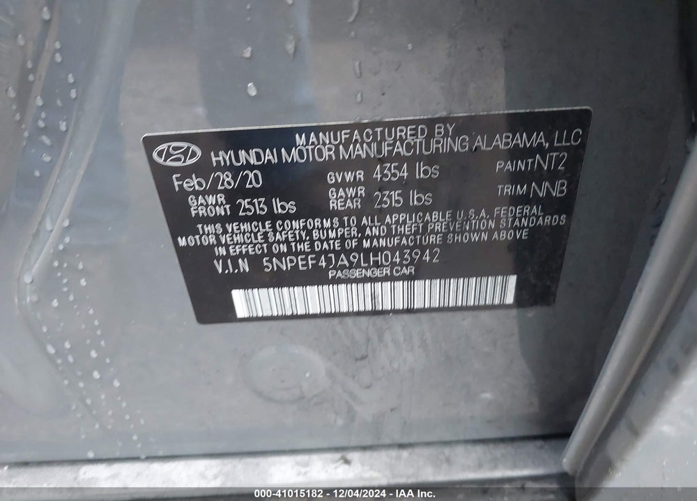 2020 HYUNDAI SONATA VIN: 5NPEF4JA9LH043942