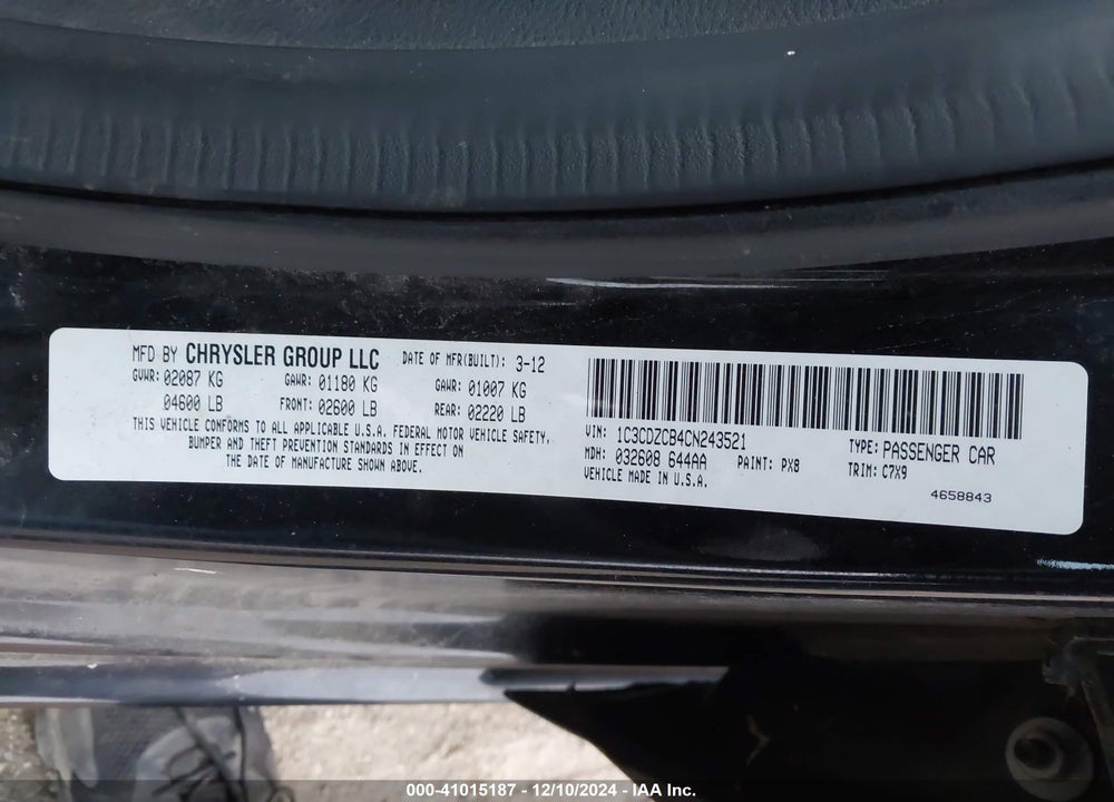 2012 DODGE AVENGER SXT VIN: 1C3CDZCB4CN243521