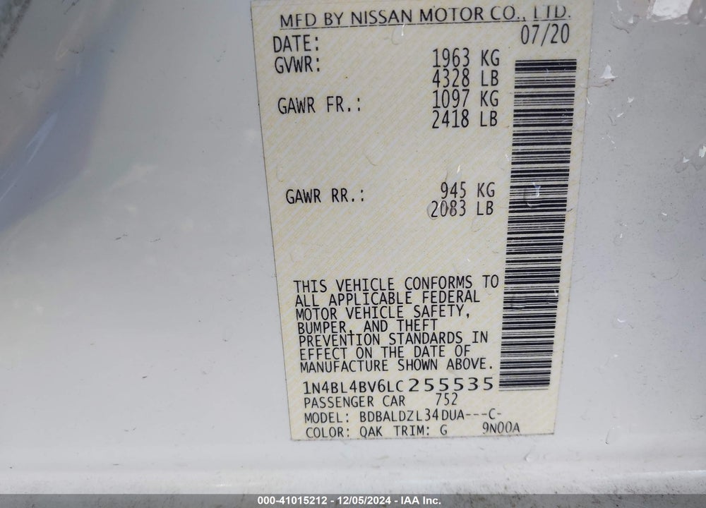 2020 NISSAN ALTIMA S FWD VIN: 1N4BL4BV6LC255535
