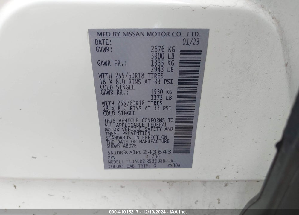 2023 NISSAN PATHFINDER SL FWD VIN: 5N1DR3CA3PC243643