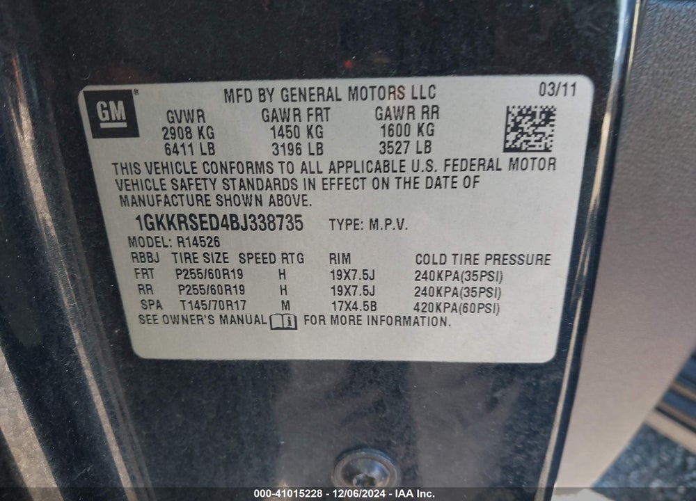 2011 GMC ACADIA SLT-2 VIN: 1GKKRSED4BJ338735