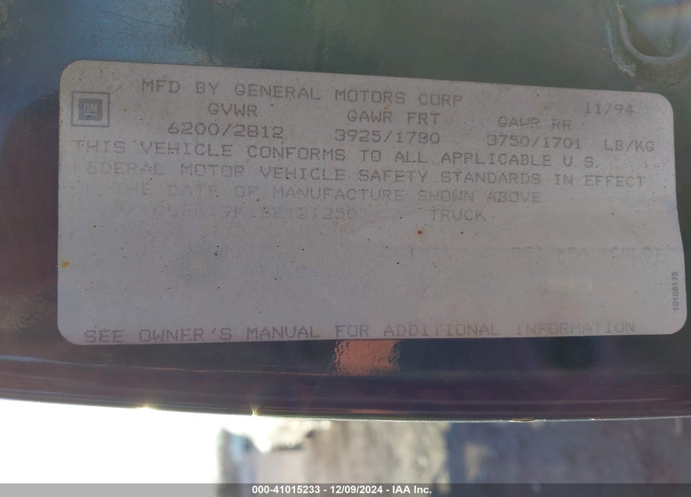 1995 CHEVROLET GMT-400 K1500 VIN: 1GCEK19K1SE121250