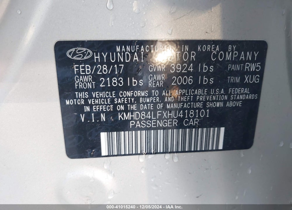 2017 HYUNDAI ELANTRA VALUE EDITION VIN: KMHD84LFXHU418101