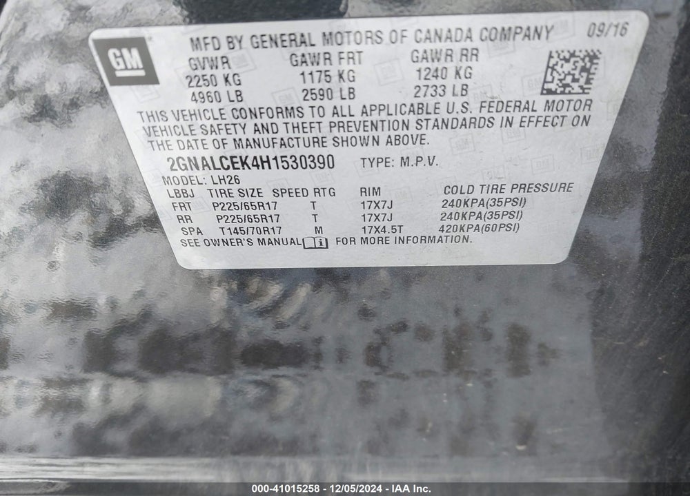 2017 CHEVROLET EQUINOX LT VIN: 2GNALCEK4H1530390