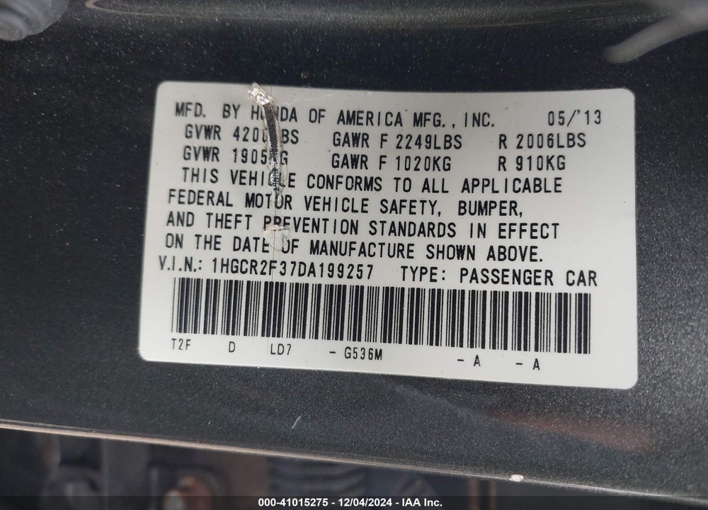 2013 HONDA ACCORD LX VIN: 1HGCR2F37DA199257