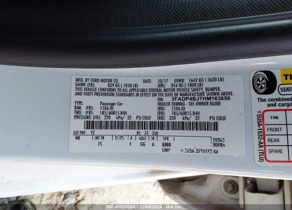 2017 FORD FIESTA SE VIN: 3FADP4BJ7HM163656