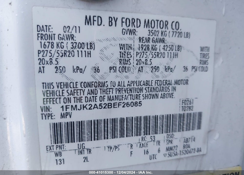 2011 FORD EXPEDITION EL LIMITED VIN: 1FMJK2A52BEF26085