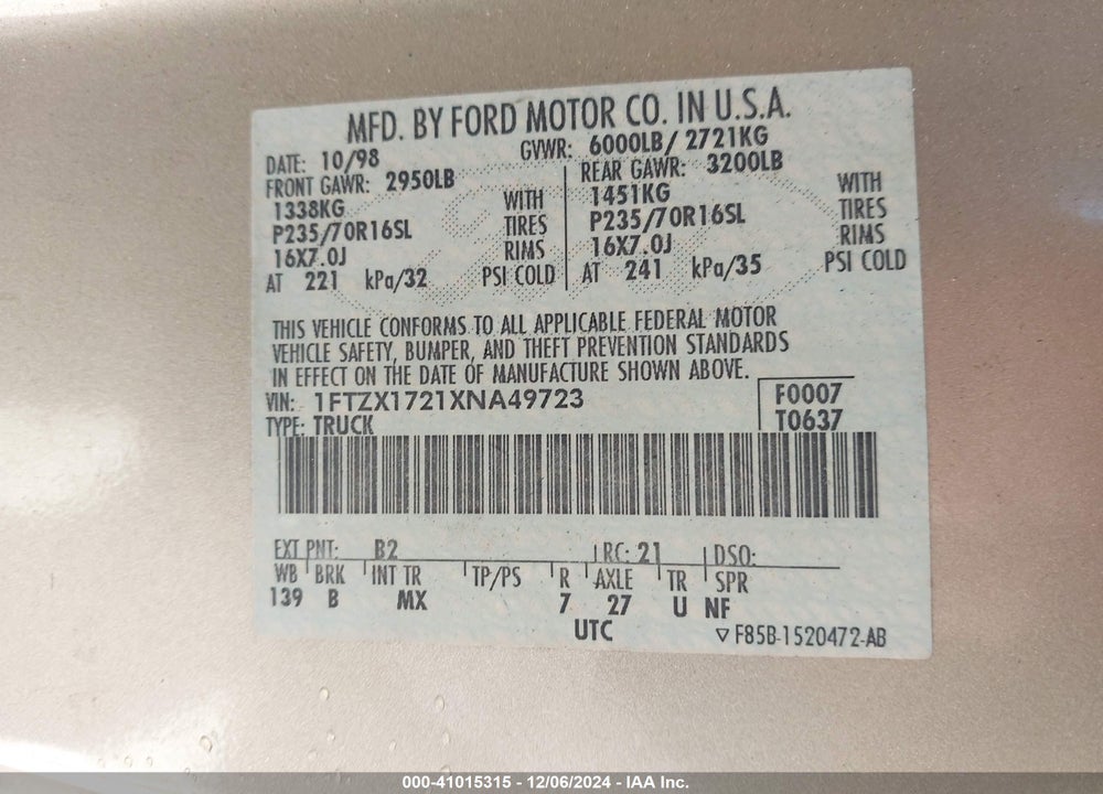 1999 FORD F-150 WORK SERIES/XL/XLT VIN: 1FTZX1721XNA49723