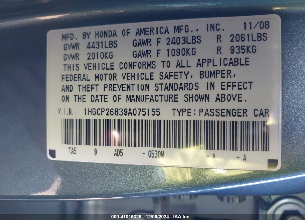 2009 HONDA ACCORD 2.4 EX-L VIN: 1HGCP26839A075155