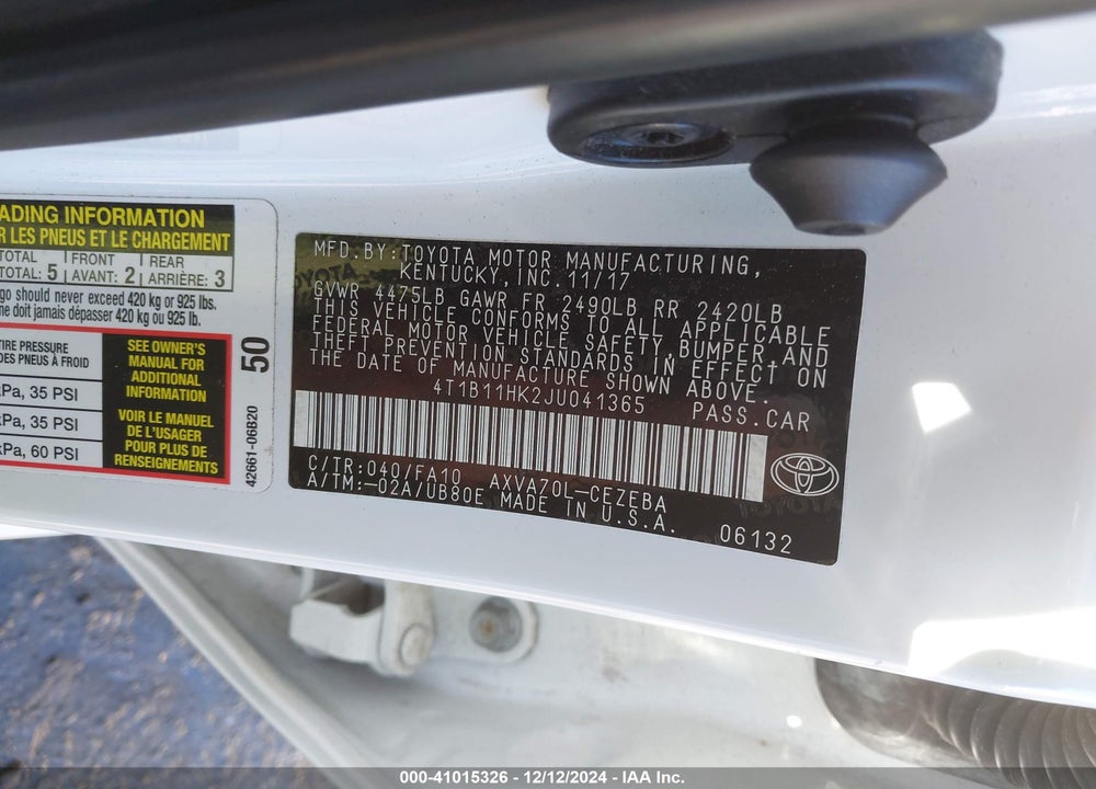 2018 TOYOTA CAMRY VIN: 4T1B11HK2JU041365