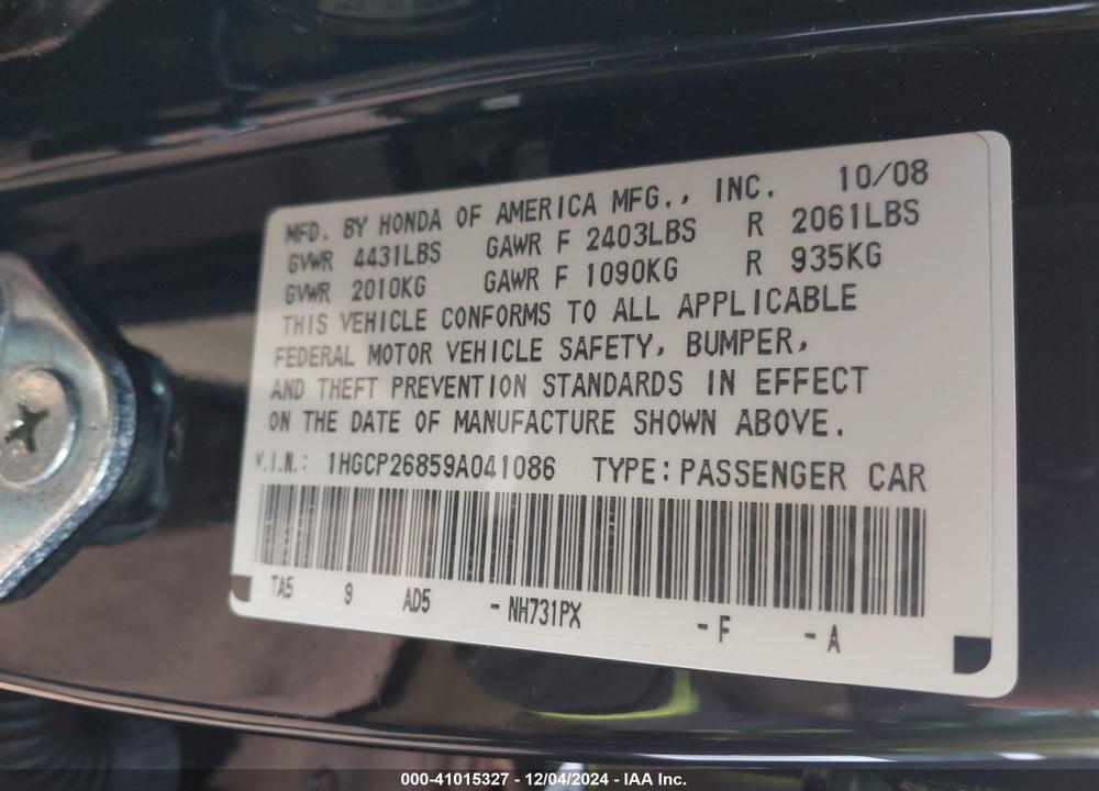 2009 HONDA ACCORD 2.4 EX-L VIN: 1HGCP26859A041086