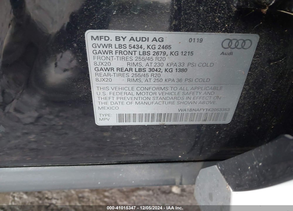 2019 AUDI Q5 45 PREMIUM VIN: WA1BNAFY1K2053353