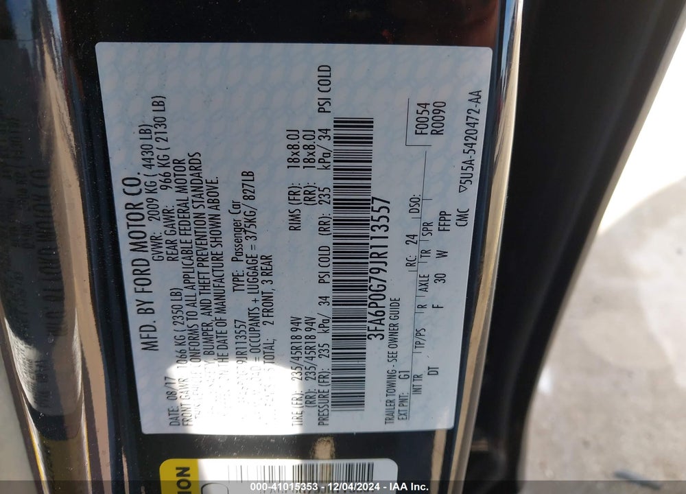 2018 FORD FUSION S VIN: 3FA6P0G79JR113557