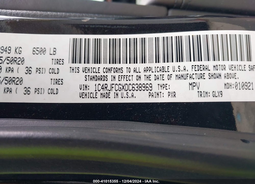 2013 JEEP GRAND CHEROKEE OVERLAND VIN: 1C4RJFCGXDC638969
