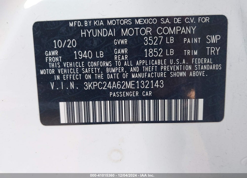 2021 HYUNDAI ACCENT SE VIN: 3KPC24A62ME132143