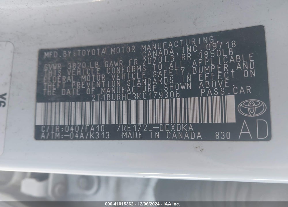 2019 TOYOTA COROLLA L VIN: 2T1BURHE3KC179306