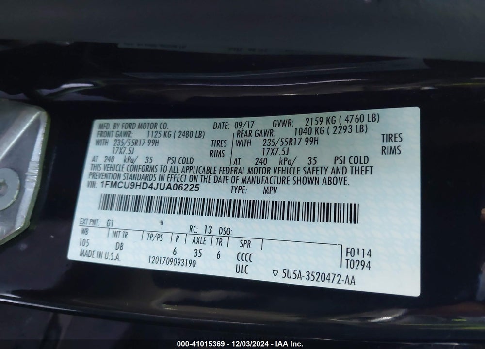 2018 FORD ESCAPE SEL VIN: 1FMCU9HD4JUA06225