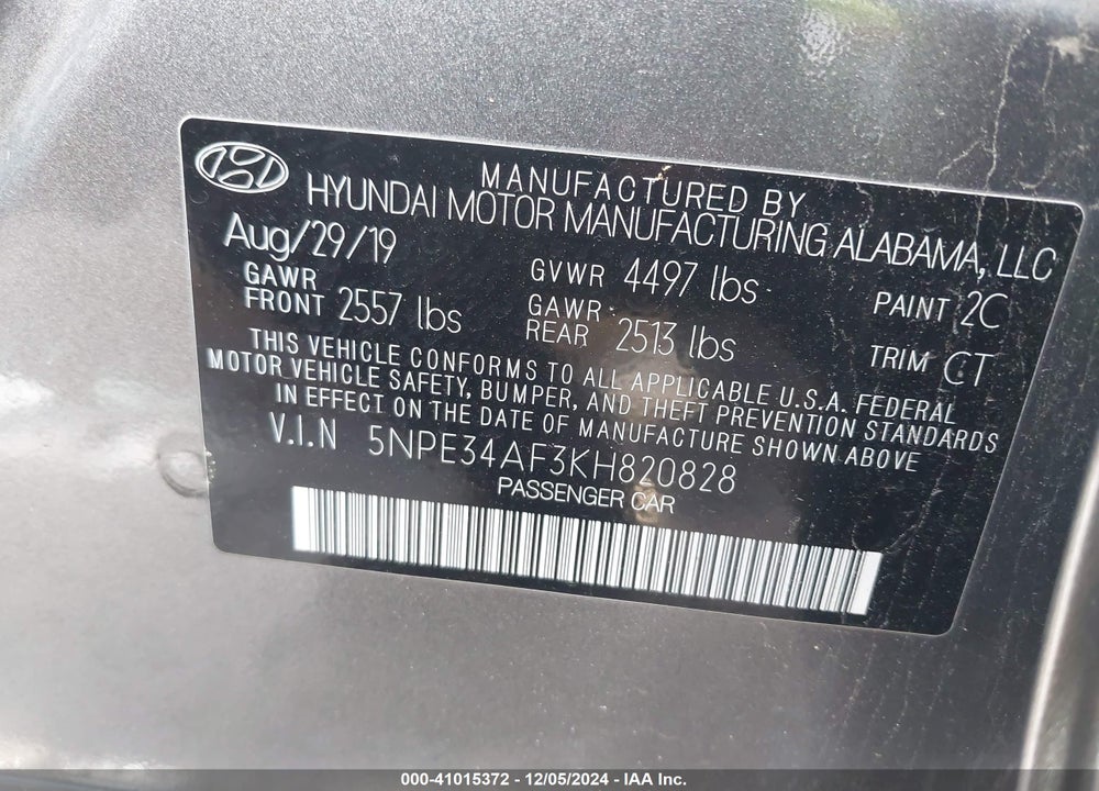 2019 HYUNDAI SONATA VIN: 5NPE34AF3KH820828
