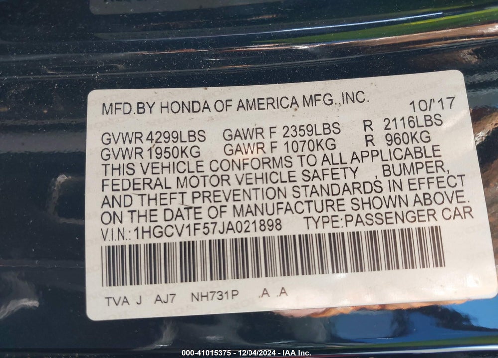 2018 HONDA ACCORD EX-L VIN: 1HGCV1F57JA021898