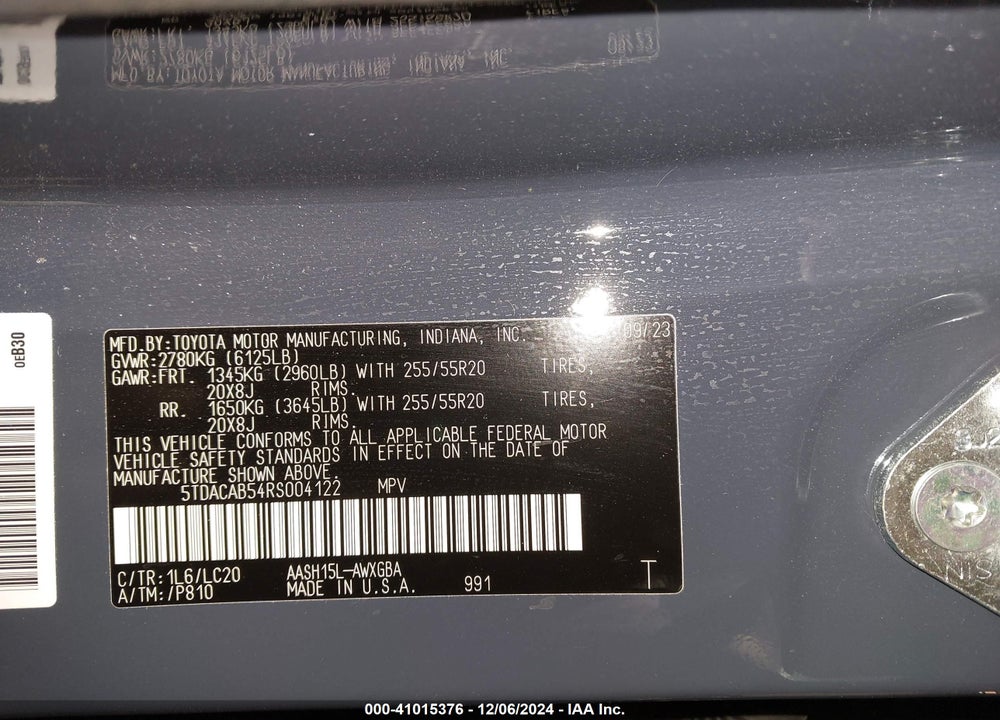 2024 TOYOTA GRAND HIGHLANDER HYBRID LIMITED VIN: 5TDACAB54RS004122