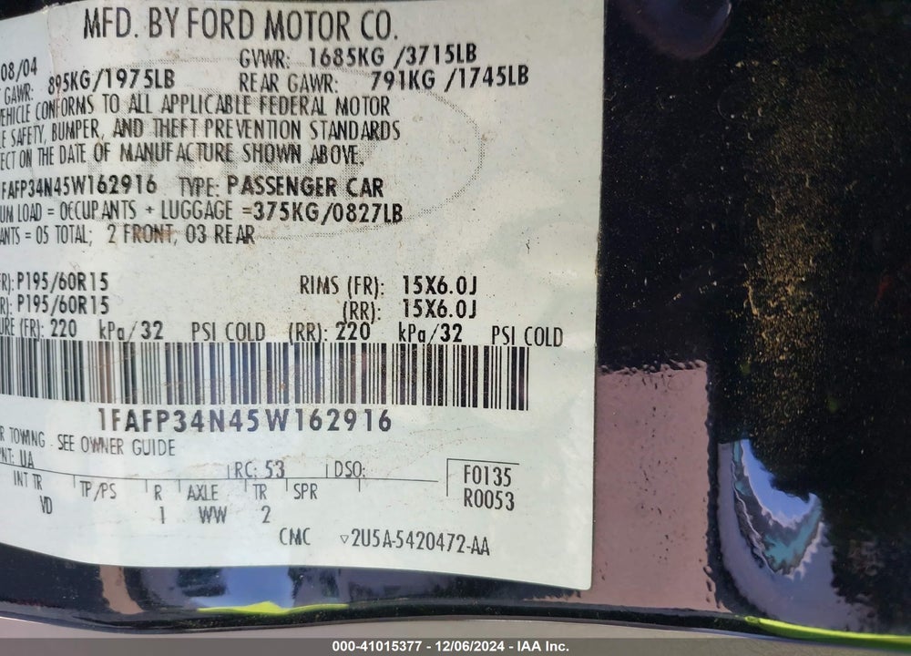 2005 FORD FOCUS ZX4 VIN: 1FAFP34N45W162916