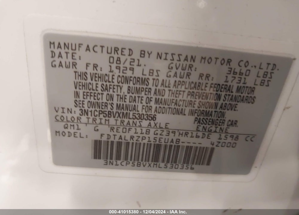2021 NISSAN KICKS S XTRONIC CVT VIN: 3N1CP5BVXML530356