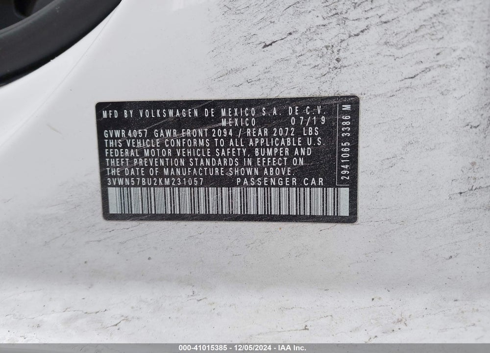 2019 VOLKSWAGEN JETTA 1.4T S VIN: 3VWN57BU2KM231057