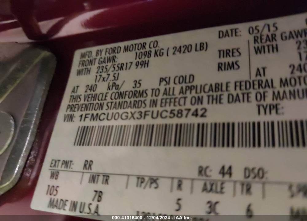 2015 FORD ESCAPE SE VIN: 1FMCU0GX3FUC58742