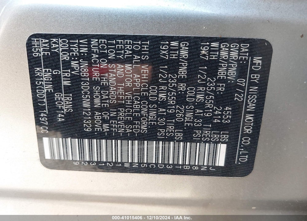 2022 NISSAN ROGUE PLATINUM FWD VIN: JN8BT3DC5NW121329