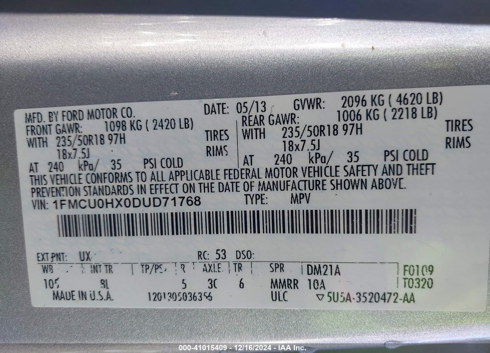 2013 FORD ESCAPE SEL VIN: 1FMCU0HX0DUD71768