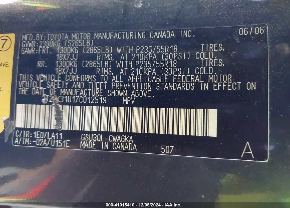 2007 LEXUS RX 350 VIN: 2T2GK31U17C012519