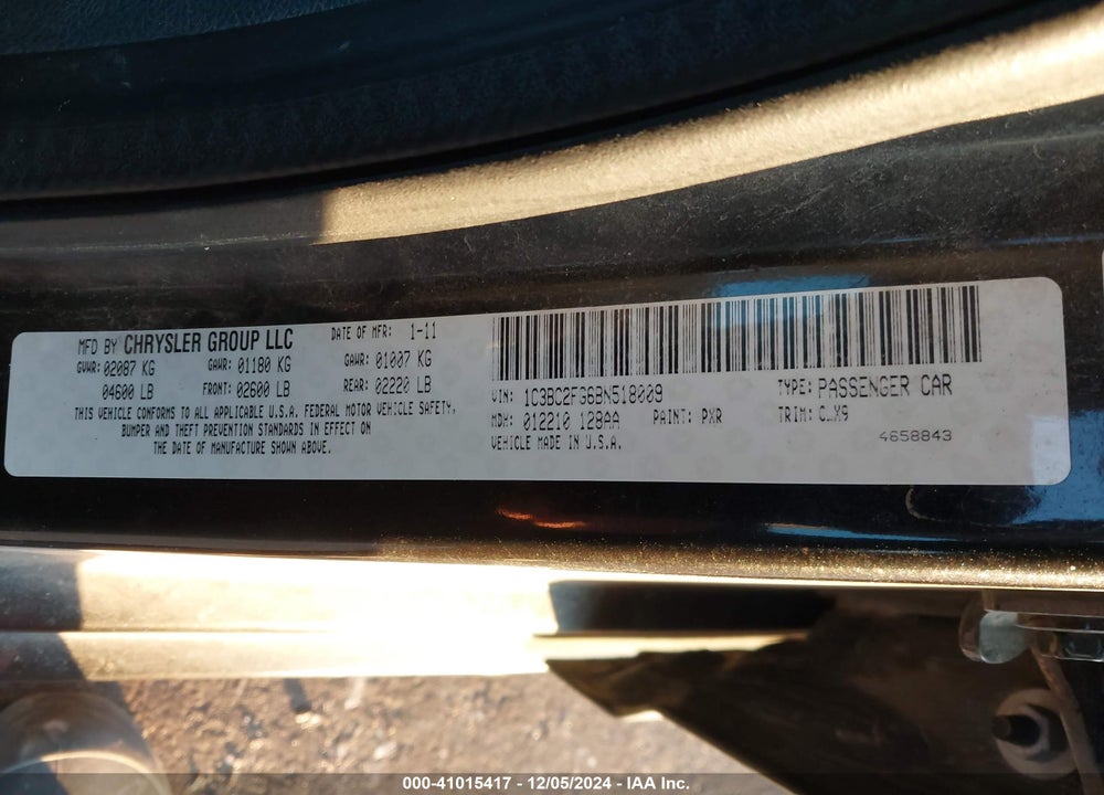 2011 CHRYSLER 200 LIMITED VIN: 1C3BC2FG6BN518009