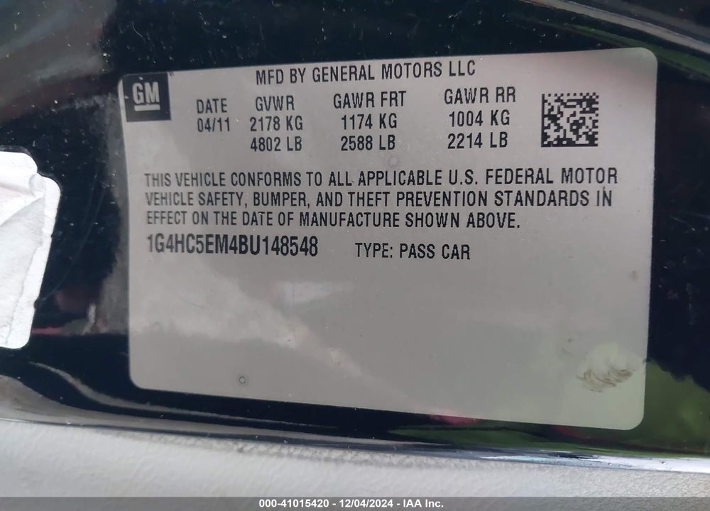 2011 BUICK LUCERNE CXL VIN: 1G4HC5EM4BU148548