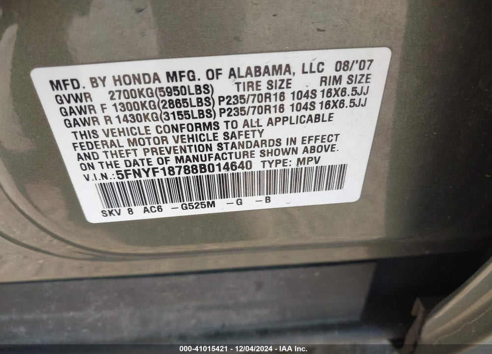 2008 HONDA PILOT EX-L VIN: 5FNYF18788B014640