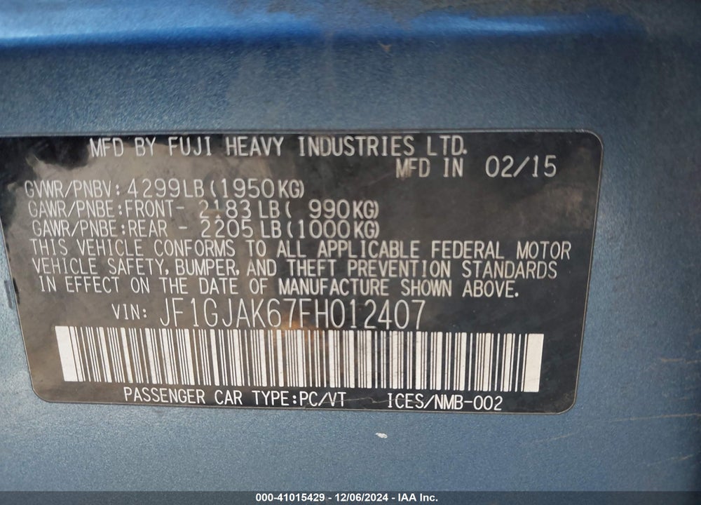 2015 SUBARU IMPREZA 2.0I PREMIUM VIN: JF1GJAK67FH012407