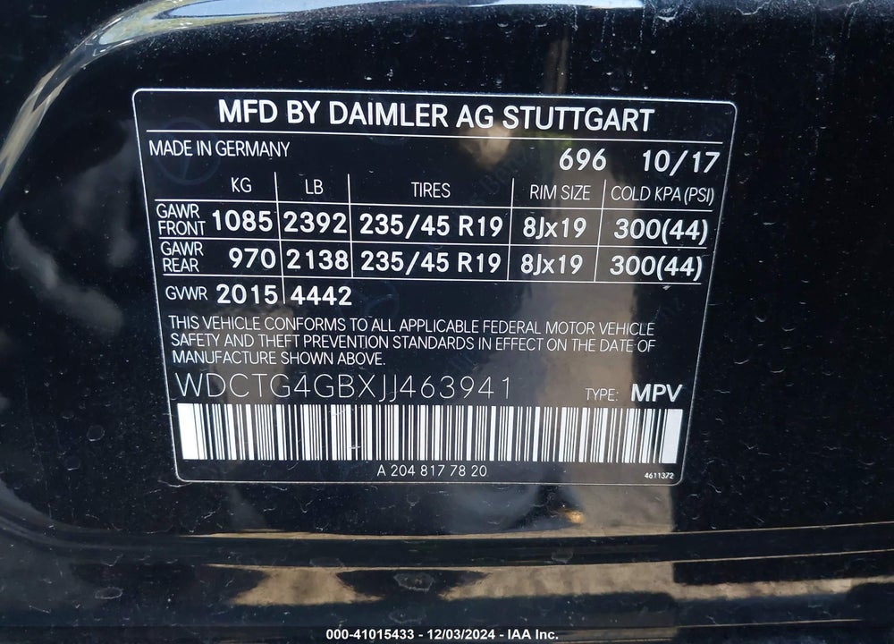 2018 MERCEDES-BENZ GLA 250 4MATIC VIN: WDCTG4GBXJJ463941